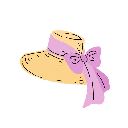 Beach straw summer women hat with pink ribbon and bow. Modern flat design. Vector illustration isolated on white background.のイラスト素材