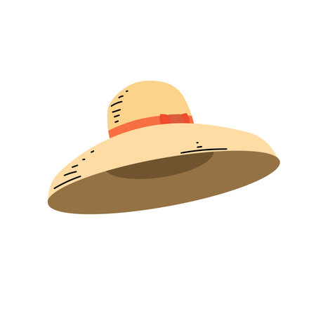 Beach straw summer women hat with orange ribbon. Modern flat design. Vector illustration isolated on white background.のイラスト素材