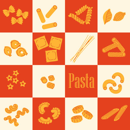 Traditional Italian homemade food in flat retro design. Different types of pasta on a checkerboard background. Hand drawn illustrations.のイラスト素材