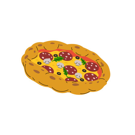 Italian pizza in flat modern design with black outlines. Pepperoni pizza in minimalistic style. Best for menu and delivery service. Vector illustration on white background.のイラスト素材