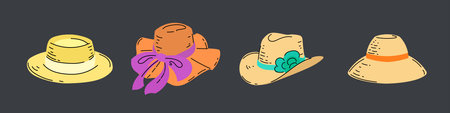 Beach straw summer women hats set. Modern flat design headwear collection. Vector illustrations.のイラスト素材