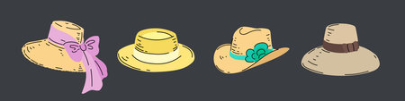 Beach straw summer women hats set. Modern flat design headwear collection. Vector illustrations.のイラスト素材