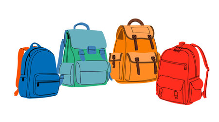 Stylish school backpacks set in trendy flat modern design. Cute vector education theme collection. Vector illustrations.のイラスト素材