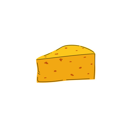 Yellow cheese wedge in a modern flat style. Hand drawn doodled design of dairy product. Vector illustration isolate on white background.のイラスト素材
