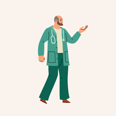 Male doctor. Young smiling man medic worker in uniform scrub and stethoscope. Flat minimalistic modern design. Vector illustration.のイラスト素材