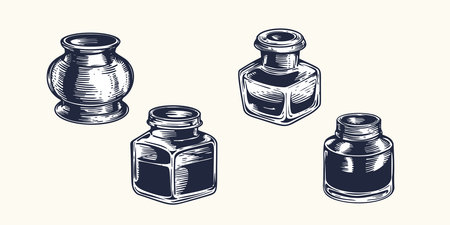 Hand drawn sketch style inkwell set. Vintage retro stationary element. Vector illustrations.のイラスト素材