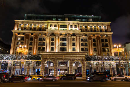 Beautifully glowing building on a night streetのeditorial素材