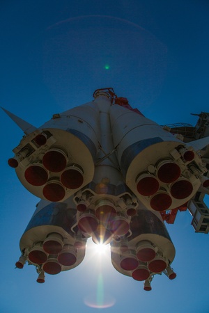 Soviet rocket used to launch a first man into space. Exposition on VDNH - exhibition center in Moscow, Russiaのeditorial素材