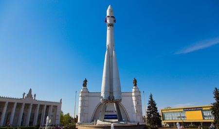 Soviet rocket used to launch a first man into space. Exposition on VDNH - exhibition center in Moscow, Russiaのeditorial素材