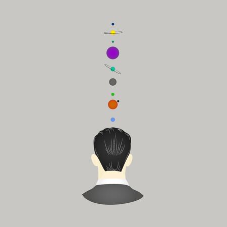 Rear view portrait of a man dreaming, thinking about future, life on other planets, isolated on gray  background with planetsのイラスト素材