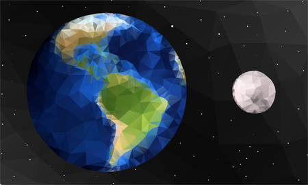 Polygon illustration of the earth and the moon surrounded by tiny stars, vector illustrationのイラスト素材