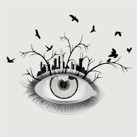 An eye that is condensed in the city landscape, dark illustrationのイラスト素材