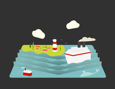 Color vector flat icon set and illustration summertime: village, sun, clouds, trees nature, sea, boat, sail, fishingのイラスト素材