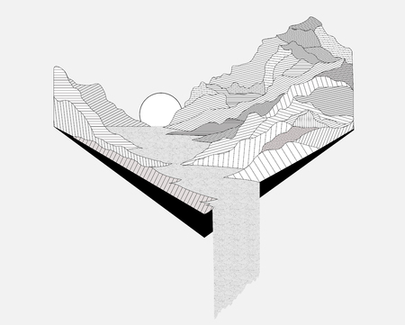 Mountains landscape,hills and river on background. Flat line style vector illustration.のイラスト素材