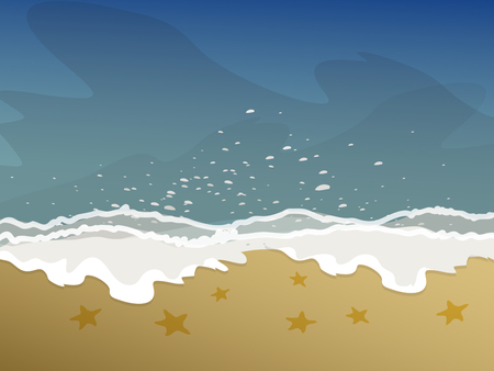 Summer background, vector illustration of the evening beach at sunset with waves, seaside view posterのイラスト素材