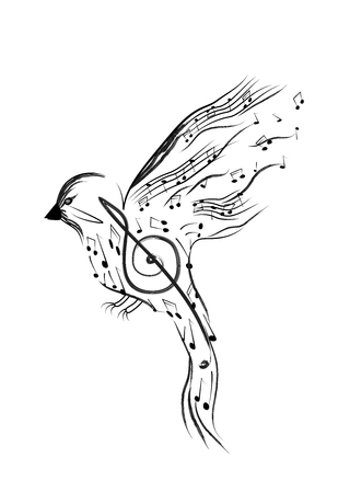 Bird with smaller musical notes isolated on white background Vector illustrationのイラスト素材