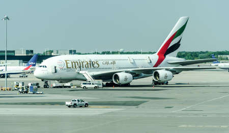 NEW YORK CITY - JULY, 12: Emirates Airbus A380 on JFK Airport on July 15, 2012 in New York. The Airbus A380 is a the worldのeditorial素材