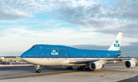 NEW YORK CITY - JULY, 12: KLM Boeing 747 on JFK Airport on July 15, 2012 in New York. Koninklijke Luchtvaart Maatschappij N.V. (Royal Aviation Company), known by its initials KLM, is the flag carrier airline of the Netherlands.のeditorial素材