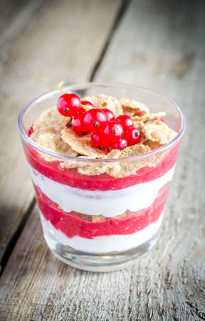 Wholegrain muesli with berry sauce and yogurtの写真素材