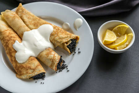crepes with black caviarの写真素材
