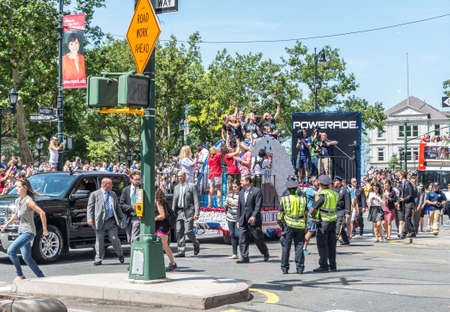 NEW YORK - JULY 10: Thousands of fans cheer as the World Cup-winning US women's soccer team make...