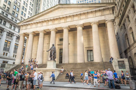 NEW YORK CITY - JULY 10: Facade of Federal Hall on July 10, 2015 in NYC. Federal Hall was the site of George Washington's inauguration as the first President of USA.のeditorial素材