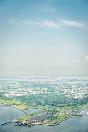 NEW YORK CITY - JULY 13: Aerial view on Liberty State Park on July 13, 2015 in New York. Liberty State Park is located on Upper New York Bay in Jersey City, New Jersey, opposite Liberty Island.のeditorial素材