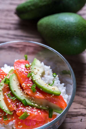Rice with salmon and avocadoの写真素材