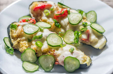 Baked stuffed zucchini with mozarellaの写真素材