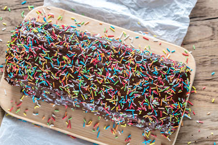 Fudge cake on the wooden boardの写真素材