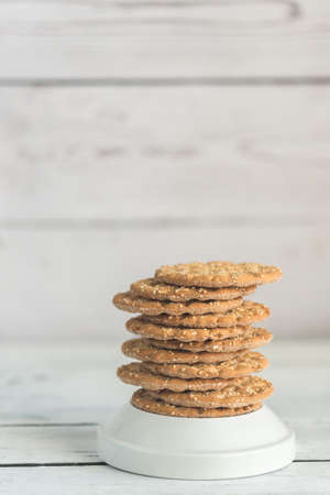 Stack of crispbread with sesame seedsの写真素材