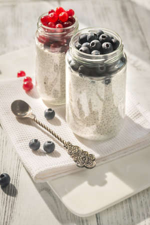Chia seed pudding with fresh berriesの写真素材