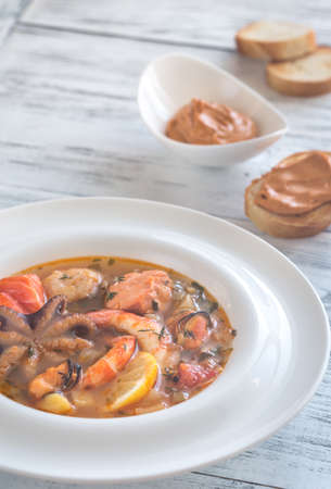 Bowl of Bouillabaisse - french soup with seafoodの写真素材