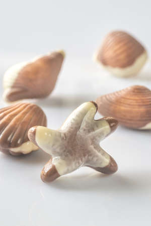 Chocolate candies on the white backgroundの写真素材