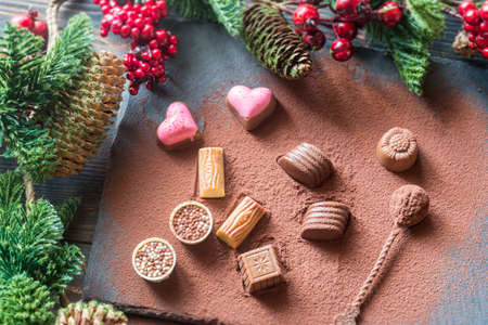 Chocolate candies with cocoa and Christmas tree branchの写真素材
