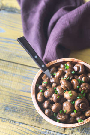 Bowl of soy balsamic roasted mushroomsの写真素材