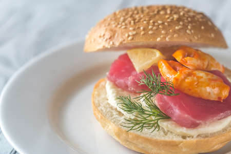 Sandwich with tuna, crab claw and mozzarellaの写真素材