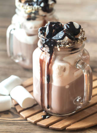 Two mugs of hot chocolate with marshmallowsの写真素材