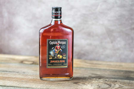 SUMY, UKRAINE - MAR 01, 2018: Captain Morgan rum bottle. Captain Morgan is a brand of rum and the...