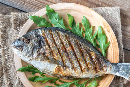 Grilled gilt-head bream with fresh arugula on the plateの写真素材