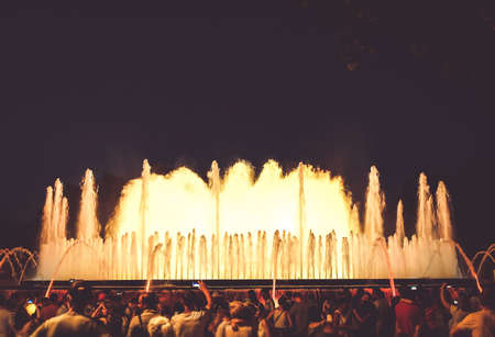 BARCELONA - JULY 19, 2018: Magic Fountain Montjuic Light Show at Night in Barcelona, Spain