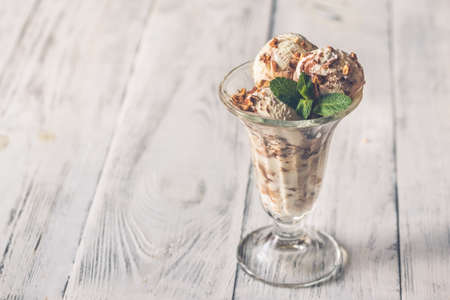 Vanilla-chocolate ice cream in a sundae glass