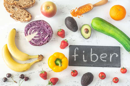 Foods rich in fiber on the white  background: top viewの写真素材