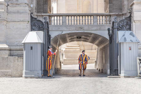 VATICAN CITY, VATICAN - JULY 14: Pontifical Swiss Guard on July 14, 2019. The Pontifical Swiss Guard...