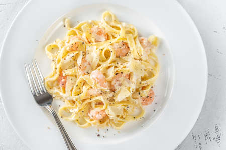 Portion of Shrimp Alfredo Pasta close-upの写真素材