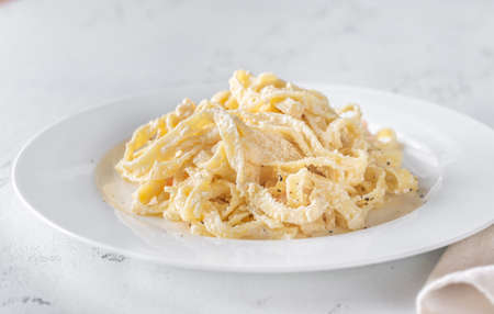 Portion of Shrimp Alfredo Pasta close-upの写真素材