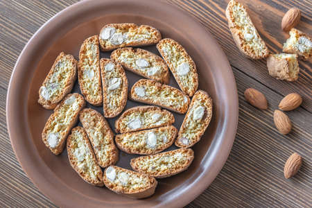 Cantuccini on the plate on woodenの写真素材