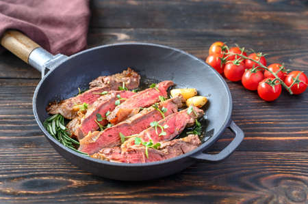 Cut beef steak in the frying panの写真素材