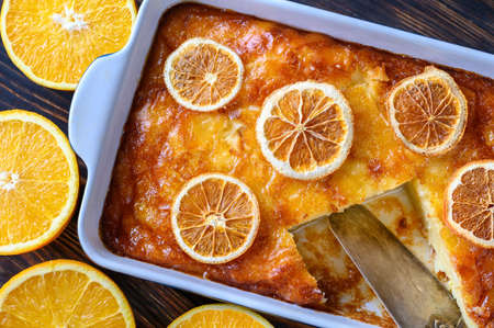 Portokalopita - Greek phyllo orange cake in a baking panの写真素材