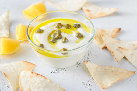 Creamy greek yogurt lemon caper dip